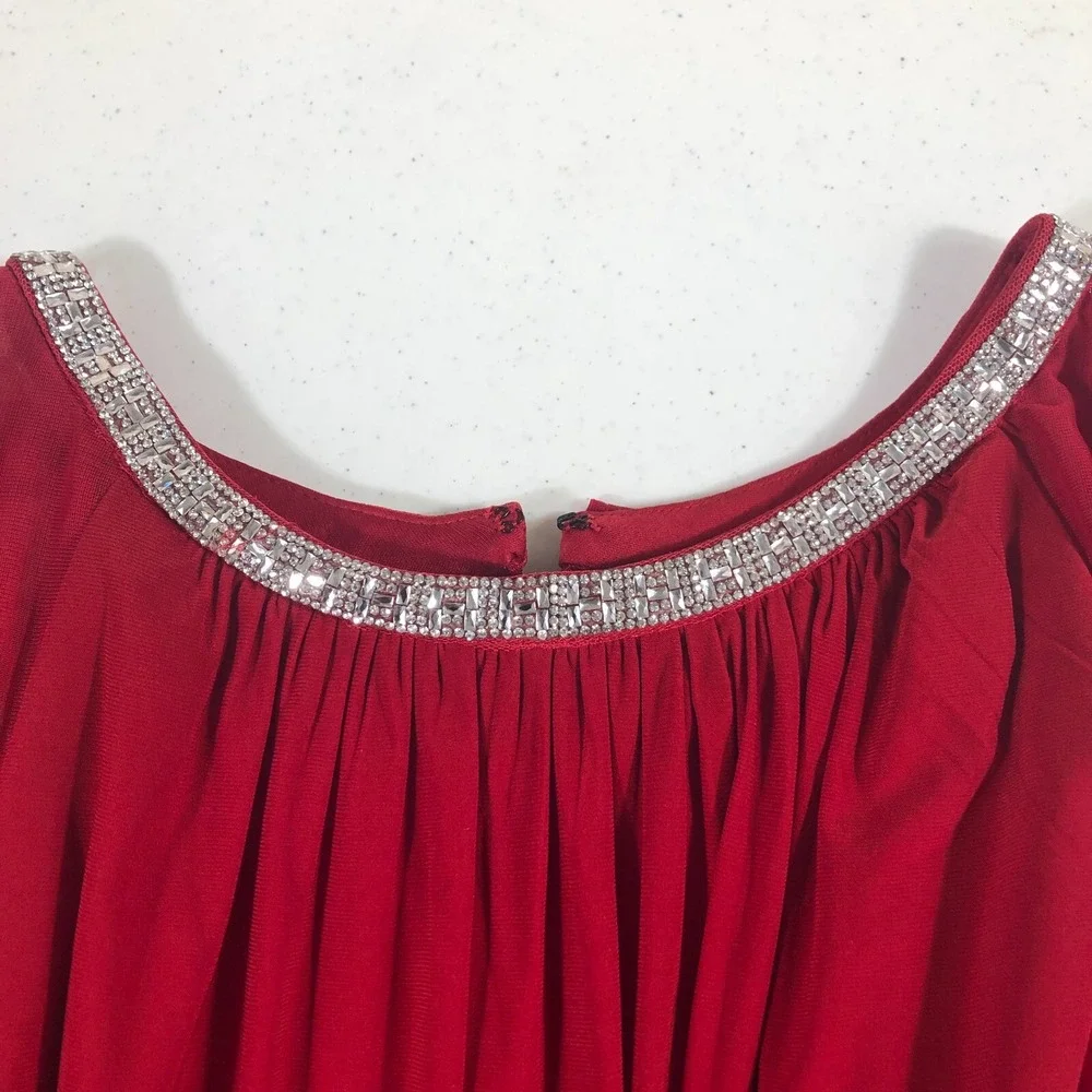 R&M Richards Women 2X Red Rhinestone Capelet‎ Chiffon Sheer Top Blouse Holiday - Picture 4 of 6